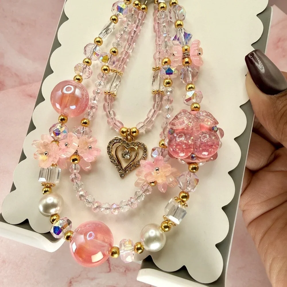 Heart Pendant Pink Cherry Beaded Phone Wristlet Chain Strap Crystal Pearl Charm